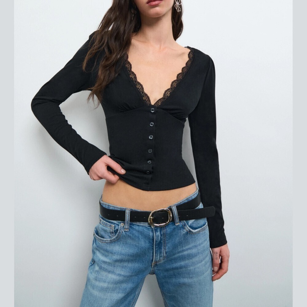 Black Lace Trim V Neck Button Front Long Sleeve Crop Top Tee